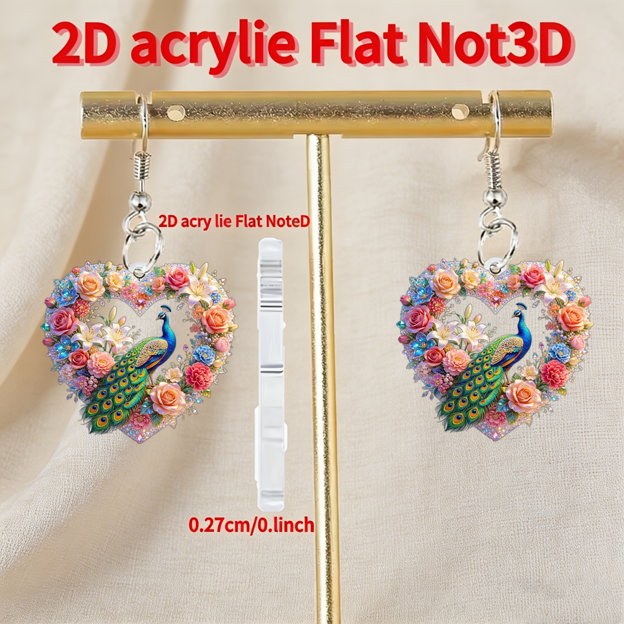Women's 2D Flat Heart Flower Peacock Acrylic Stud Earrings